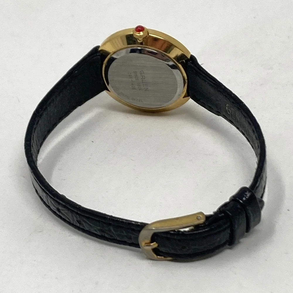 Vintage Gruen Women's Watch Red Crystals Gold Tone 26mm Bling New Battery 7.25